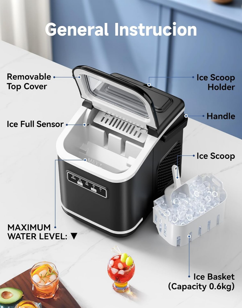 Ice Maker with Handle, 2 Sizes of Bullet Ice Maker Machine Countertop, 9 Cubes Ready in 6 Mins, 12Kg/24H, Ice Scoop & Basket, Self-Cleaning, Removable Top Cover, Perfect for Home/Office/Bar