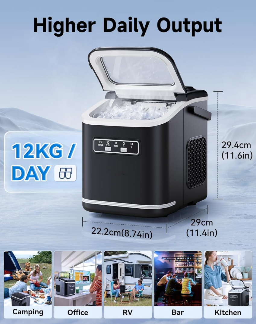 Ice Maker with Handle, 2 Sizes of Bullet Ice Maker Machine Countertop, 9 Cubes Ready in 6 Mins, 12Kg/24H, Ice Scoop & Basket, Self-Cleaning, Removable Top Cover, Perfect for Home/Office/Bar