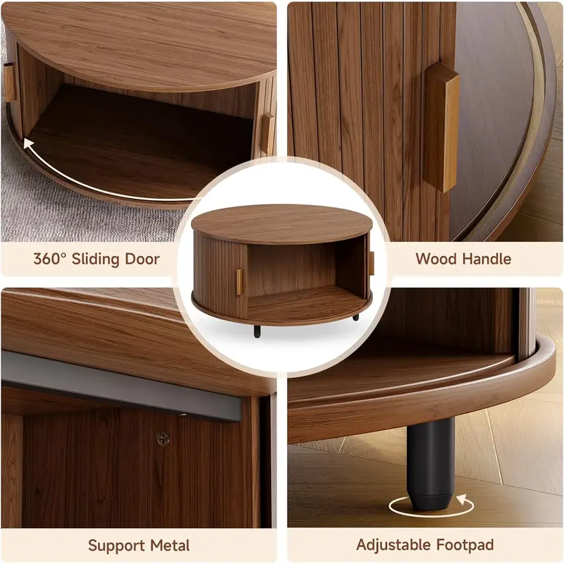 31.5in Round Storage Coffee Table, Walnut Wood Modern