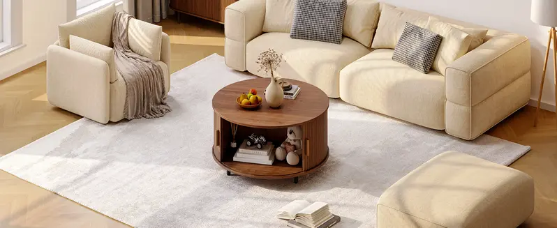 【FallDealsForYou】ONBRILL 31.5" Round Storage Coffee Table - Fluted Wood Modern Space Saving Furniture, Living Room/Bedroom Decor, 360° Curved Sliding Door, Adjustable Footpads, Assembly Required, Mother's Day Gift Option 【FallDealsForYou】ONBRILL 31.5" Round Storage Coffee Table - Fluted Wood Modern Space Saving Furniture, Living Room/Bedroom Decor, 360° Curved Sliding Door, Adjustable Footpads, Assembly Required, Mother's Day Gift Option