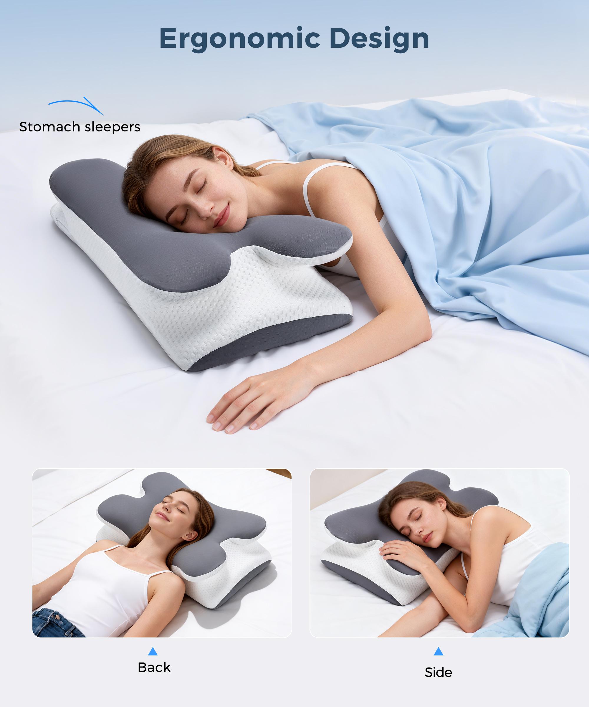 Ergonomic design shown for stomach, back and side sleepers on the contoured memory foam pillow