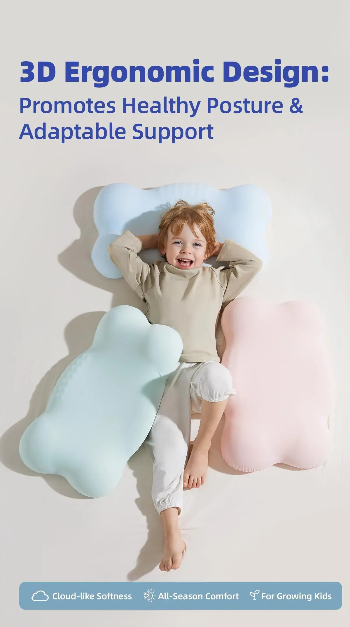 3D Ergonomic Design toddler pillow in three colors