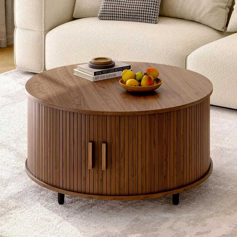 31.5in Round Storage Coffee Table, Walnut Wood Modern