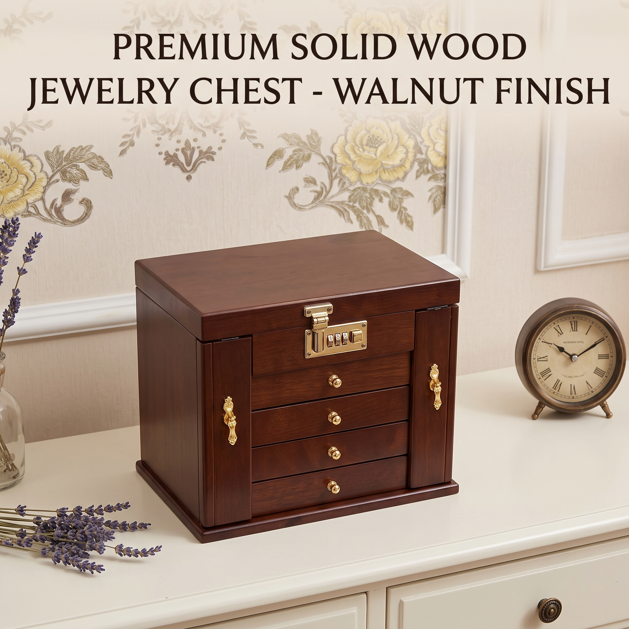 Retro solid wood jewelry storage box with lock