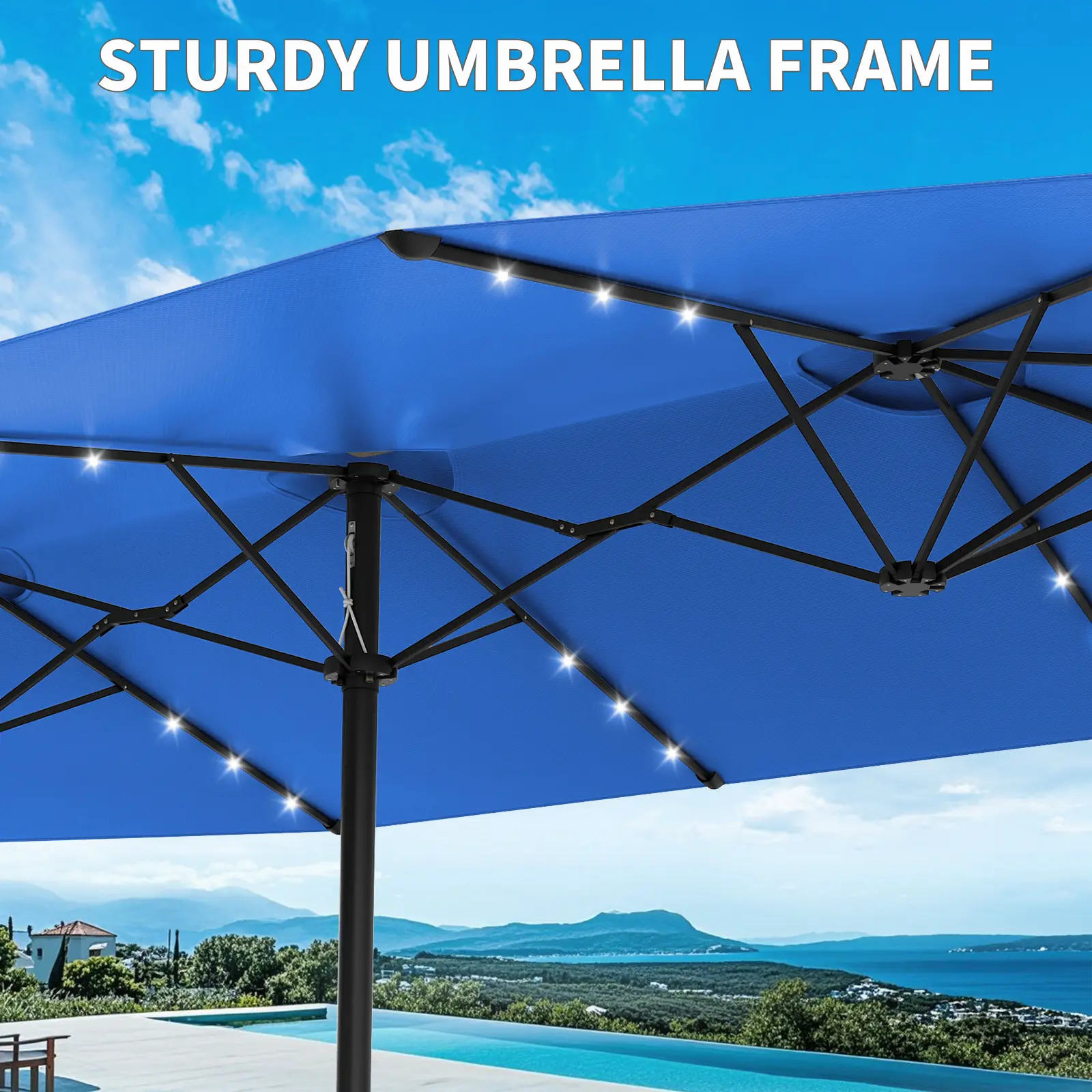 [SummerVibes] Whzyxd 15ft Large Outdoor Patio Umbrella with Base – LED Light Option, Double-Sided, Crank Handle, Waterproof, Comes with Weighted Base and Sandbag, Accommodates 10 People, Great for Poolside, Garden, Lawn, Backyard, Deck and Beach