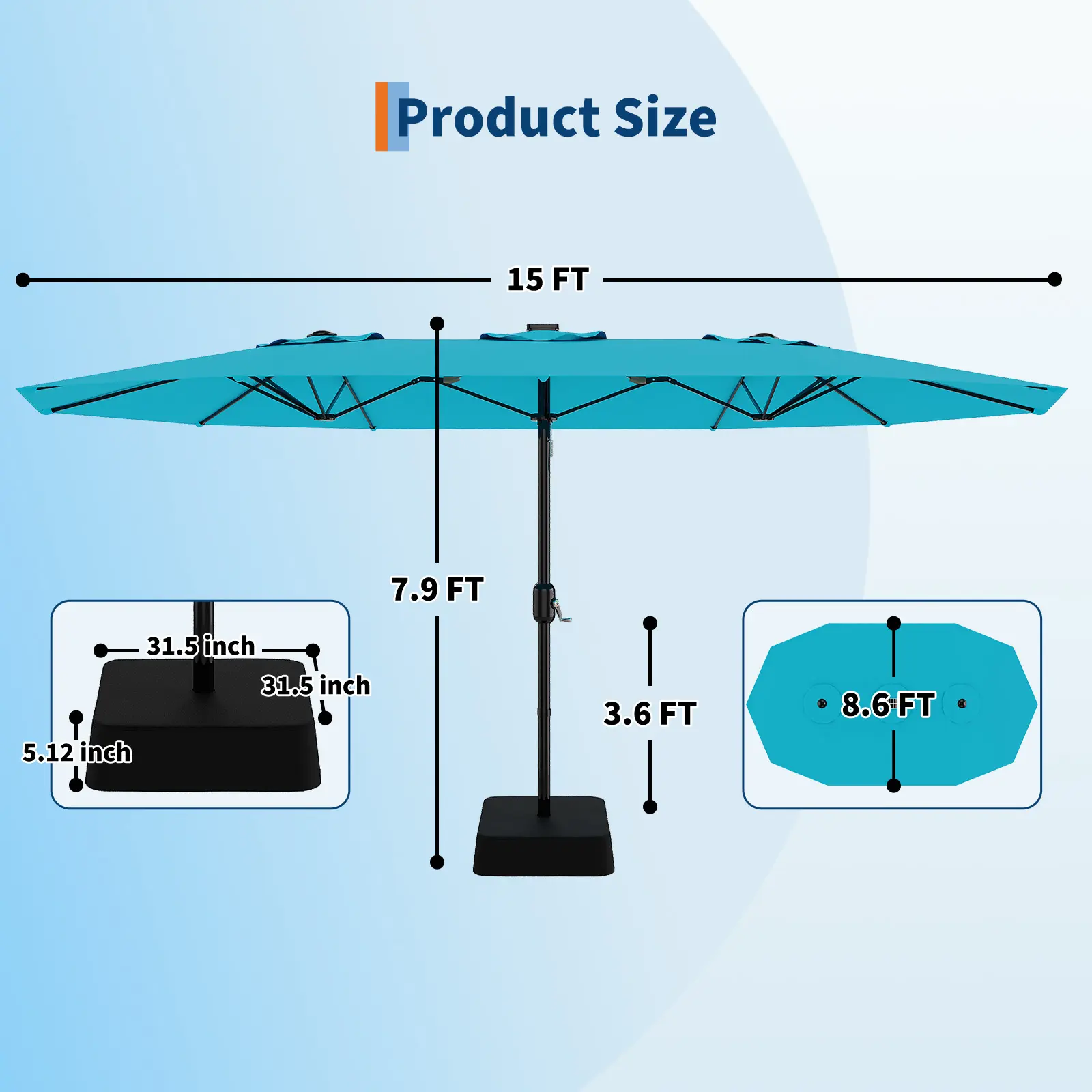 [SummerVibes] Whzyxd 15ft Large Outdoor Patio Umbrella with Base – LED Light Option, Double-Sided, Crank Handle, Waterproof, Comes with Weighted Base and Sandbag, Accommodates 10 People, Great for Poolside, Garden, Lawn, Backyard, Deck and Beach