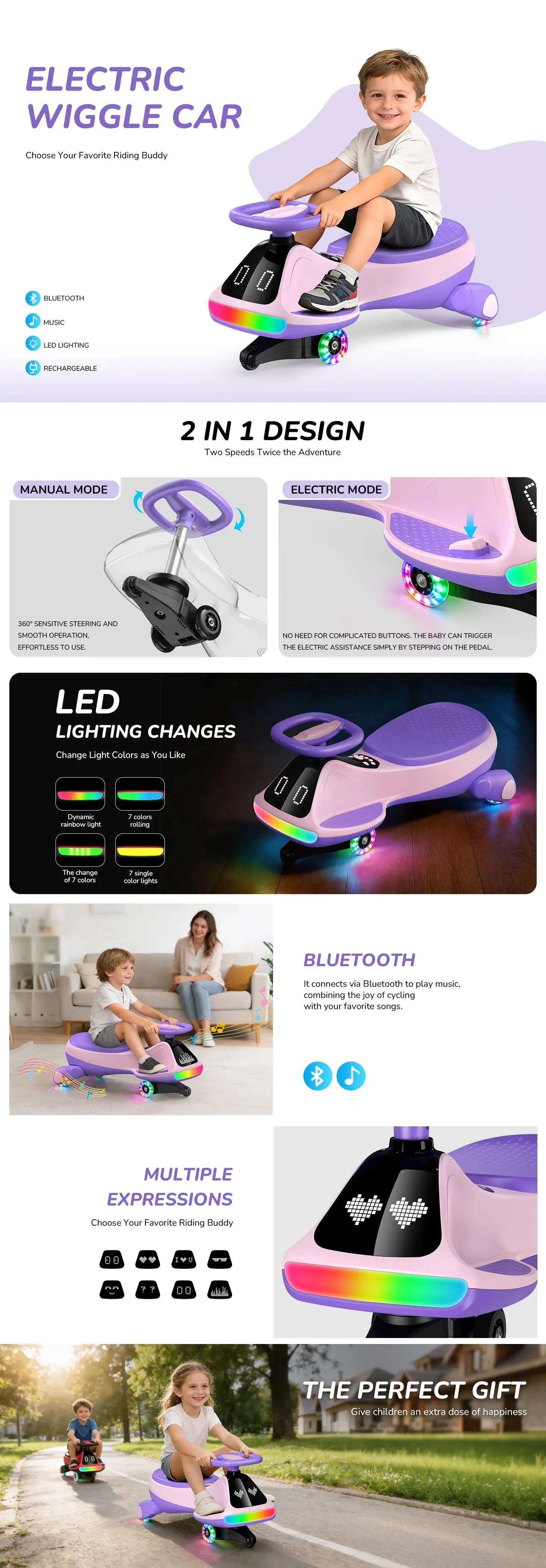 Umatoll Premium 12V Electric Wiggle Car with Digital Display Screen, Pedal & RGBIC LED Lights, Bluetooth Music Ride on Toys, Twist Car, Birthday Gifts， Adjustable Lighting Screen,  #DealsForYouDays