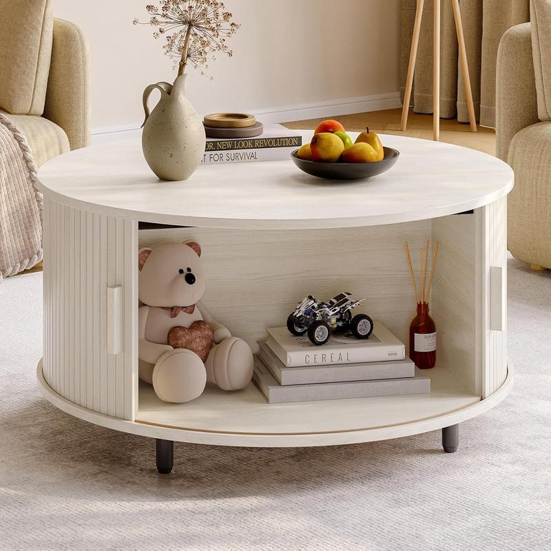 31.5in Round Storage Coffee Table, Walnut Wood Modern
