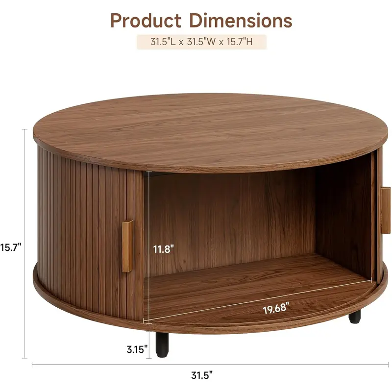 31.5in Round Storage Coffee Table, Walnut Wood Modern