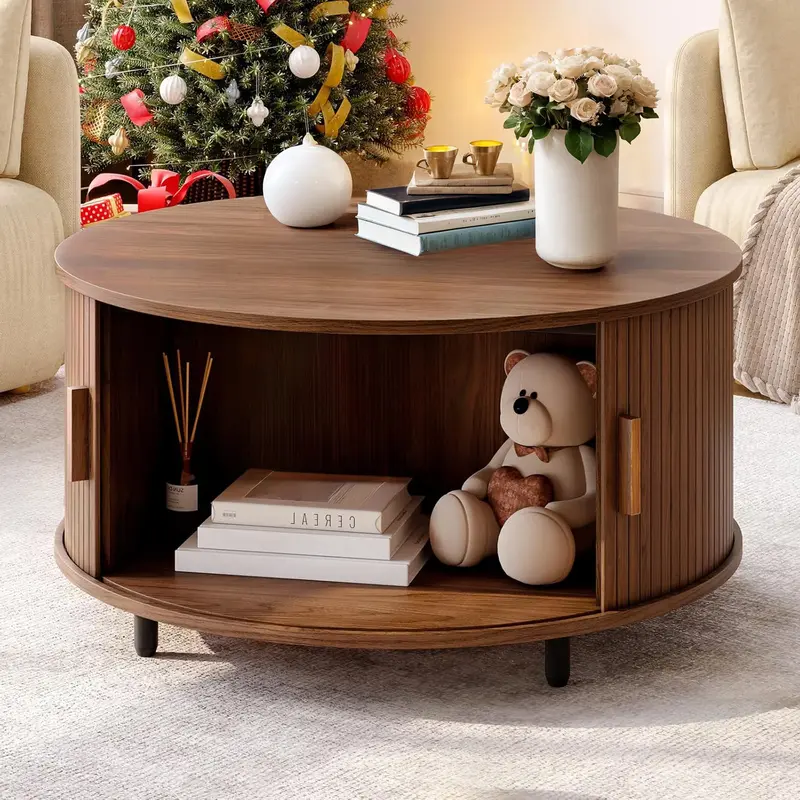 31.5in Round Storage Coffee Table, Walnut Wood Modern