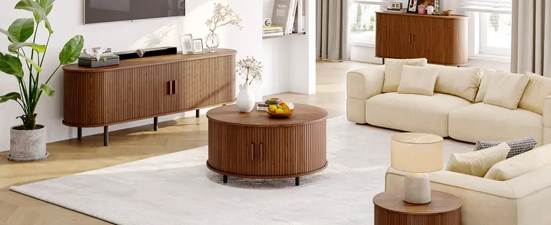 【FallDealsForYou】ONBRILL 31.5" Round Storage Coffee Table - Fluted Wood Modern Space Saving Furniture, Living Room/Bedroom Decor, 360&deg; Curved Sliding Door, Adjustable Footpads, Assembly Required, Mother's Day Gift Option