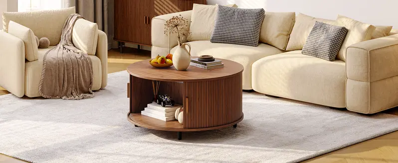 【FallDealsForYou】ONBRILL 31.5" Round Storage Coffee Table - Fluted Wood Modern Space Saving Furniture, Living Room/Bedroom Decor, 360° Curved Sliding Door, Adjustable Footpads, Assembly Required, Mother's Day Gift Option 【FallDealsForYou】ONBRILL 31.5" Round Storage Coffee Table - Fluted Wood Modern Space Saving Furniture, Living Room/Bedroom Decor, 360° Curved Sliding Door, Adjustable Footpads, Assembly Required, Mother's Day Gift Option