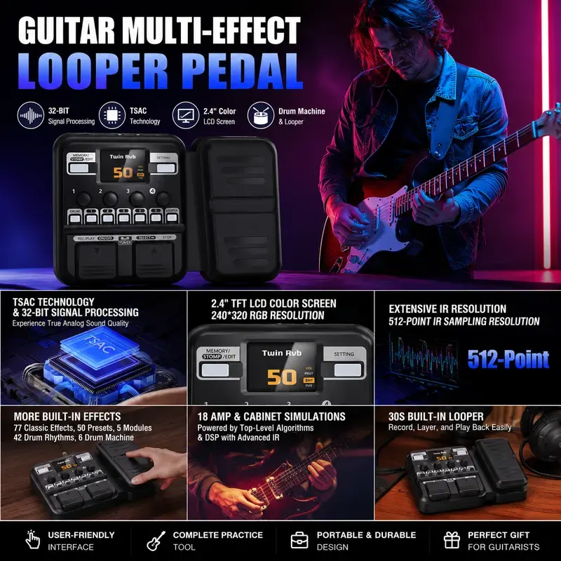 KMF-1 Compact Guitar Multi Effects Pedal with 42 Drum Rhythms, 18 Amplifiers/Cabinets, 77 Effects, 50 Presets, Upgraded Color Screen, Aux In, Tuner, Looper, Expression Wah Volume Distortion, Footswitches, Pedalboard Compatibility, Foot Switches