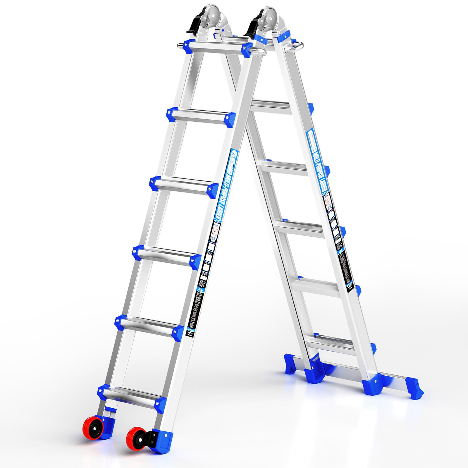 Telescoping A-Frame Ladder with Wheels & Stabilizer Bar - 17FT Folding Extension Ladder, 330lb Security Load Multi Position Ladders for Stairs Home Indoor Outdoor Roof