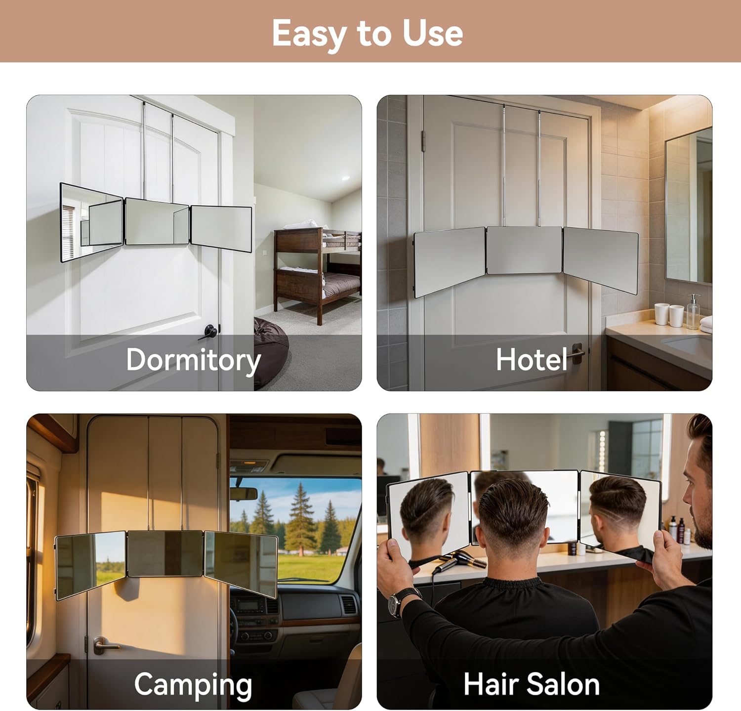 3 Way Mirror for Self Hair Cutting-360° Barber Self Cut Trifold Mirror to See Back of Head,Hangable & Foldable, Portable for Home & Travel Grooming, Braiding, Shaving & Makeup for Men Women (Black)