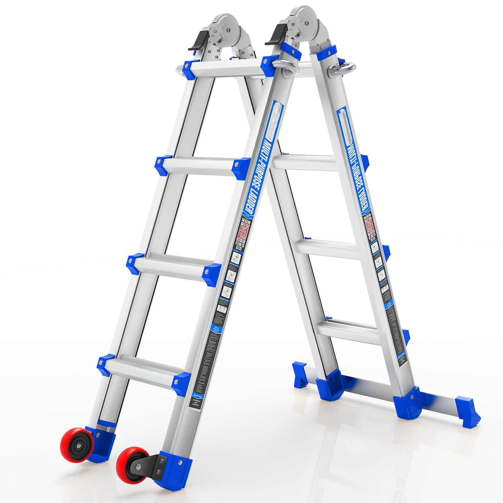 Telescoping A-Frame Ladder with Wheels & Stabilizer Bar - 17FT Folding Extension Ladder, 330lb Security Load Multi Position Ladders for Stairs Home Indoor Outdoor Roof