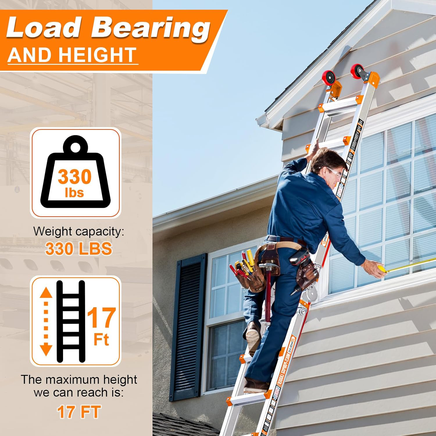 Telescoping A-Frame Ladder with Wheels & Stabilizer Bar - 17FT Folding Extension Ladder, 330lb Security Load Multi Position Ladders for Stairs Home Indoor Outdoor Roof