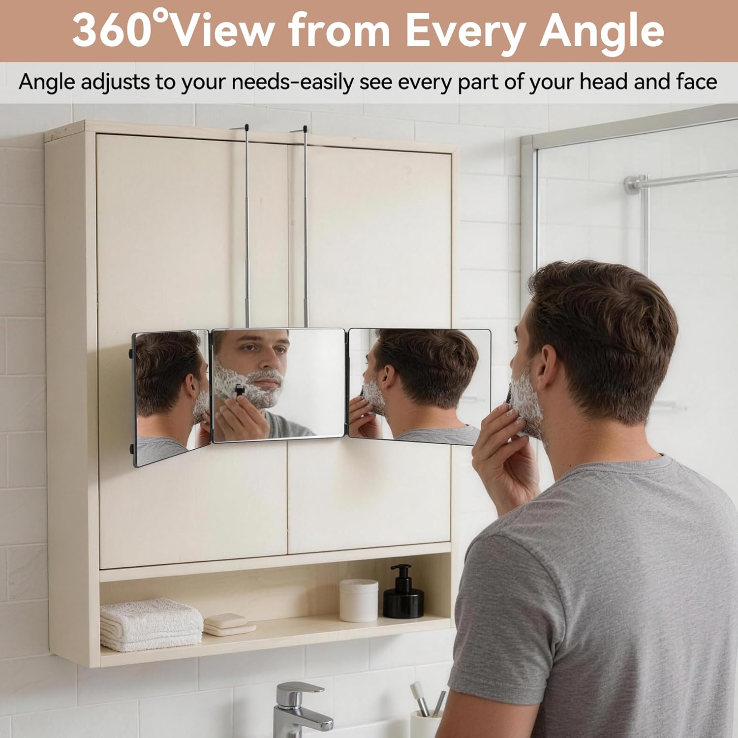 3 Way Mirror for Self Hair Cutting-360° Barber Self Cut Trifold Mirror to See Back of Head,Hangable & Foldable, Portable for Home & Travel Grooming, Braiding, Shaving & Makeup for Men Women (Black)