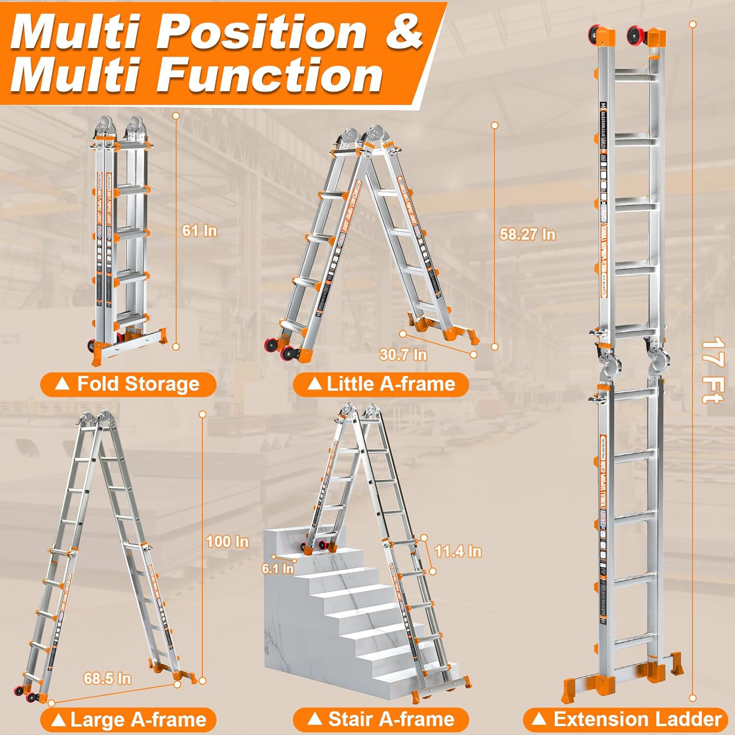 Telescoping A-Frame Ladder with Wheels & Stabilizer Bar - 17FT Folding Extension Ladder, 330lb Security Load Multi Position Ladders for Stairs Home Indoor Outdoor Roof
