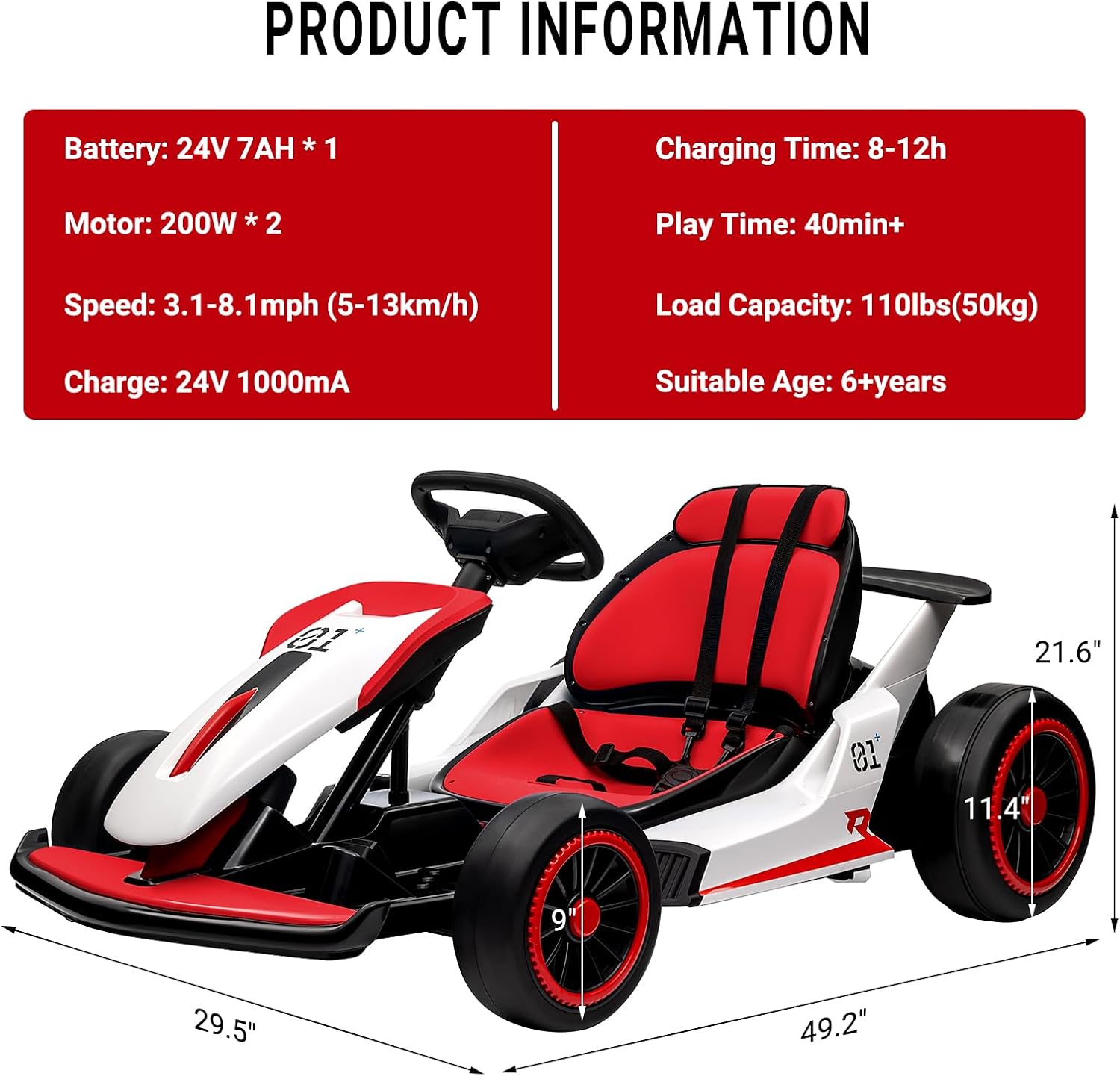 Kids Go Kart, Ride On Drift Kart with Dual 200W Motors, 24V Battery Powered Electric Drift Car, Outdoor 2-Speed Ride On Racing Toy for Boys Girls 6+, 8.1 Mph Max Speed, Red+White