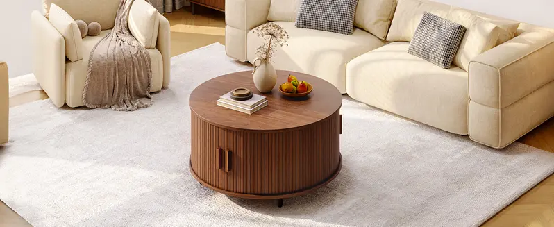 【FallDealsForYou】ONBRILL 31.5" Round Storage Coffee Table - Fluted Wood Modern Space Saving Furniture, Living Room/Bedroom Decor, 360° Curved Sliding Door, Adjustable Footpads, Assembly Required, Mother's Day Gift Option 【FallDealsForYou】ONBRILL 31.5" Round Storage Coffee Table - Fluted Wood Modern Space Saving Furniture, Living Room/Bedroom Decor, 360° Curved Sliding Door, Adjustable Footpads, Assembly Required, Mother's Day Gift Option
