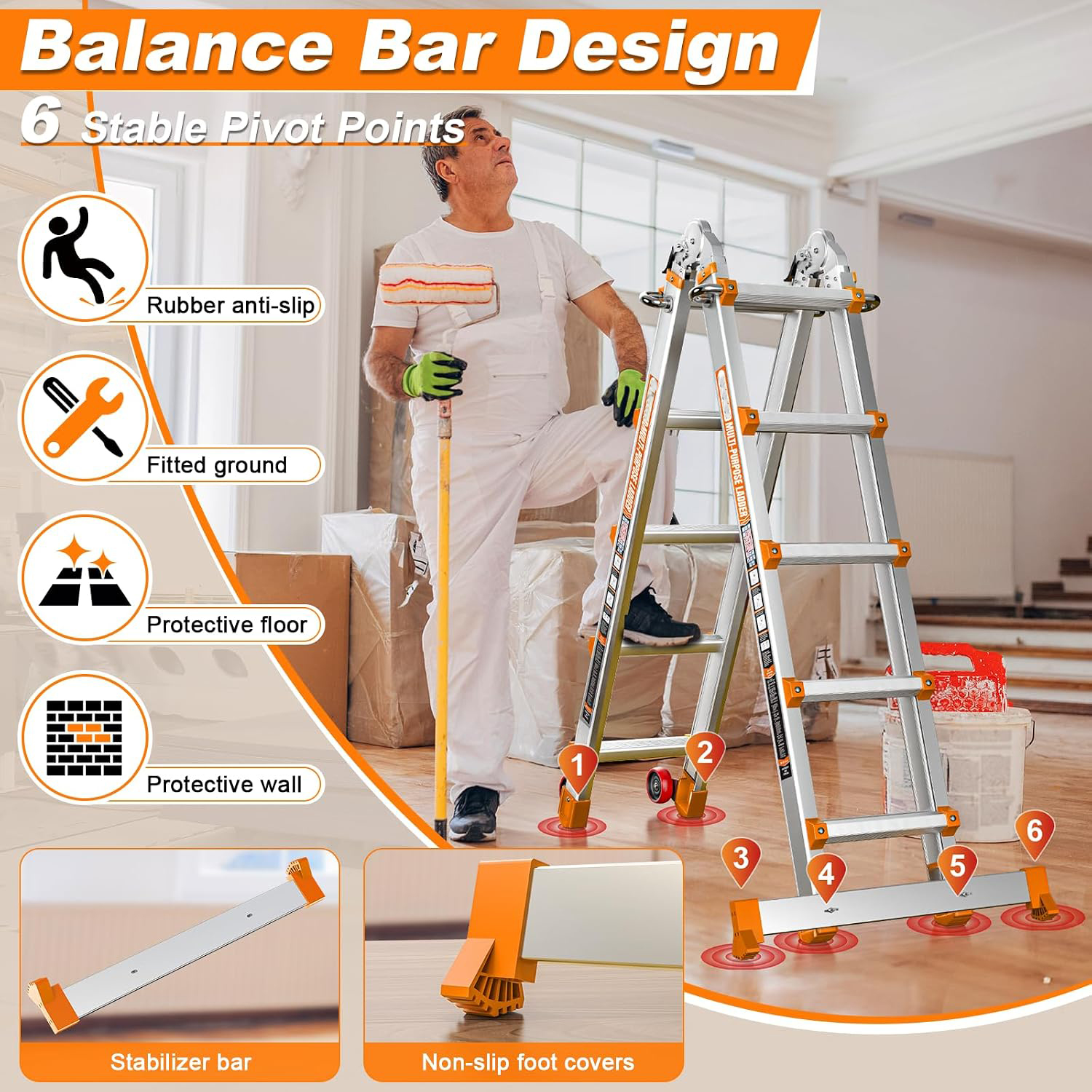 Telescoping A-Frame Ladder with Wheels & Stabilizer Bar - 17FT Folding Extension Ladder, 330lb Security Load Multi Position Ladders for Stairs Home Indoor Outdoor Roof