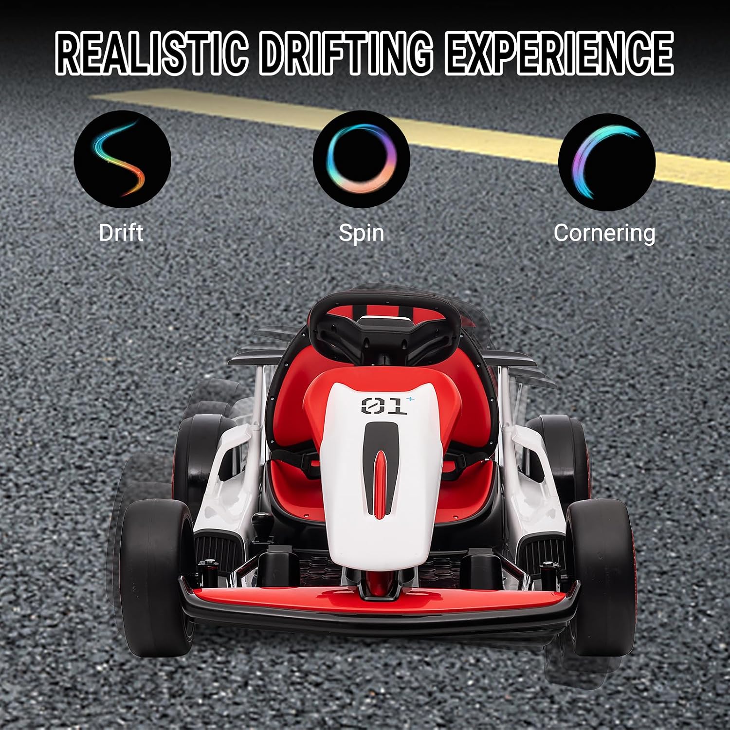 Kids Go Kart, Ride On Drift Kart with Dual 200W Motors, 24V Battery Powered Electric Drift Car, Outdoor 2-Speed Ride On Racing Toy for Boys Girls 6+, 8.1 Mph Max Speed, Red+White