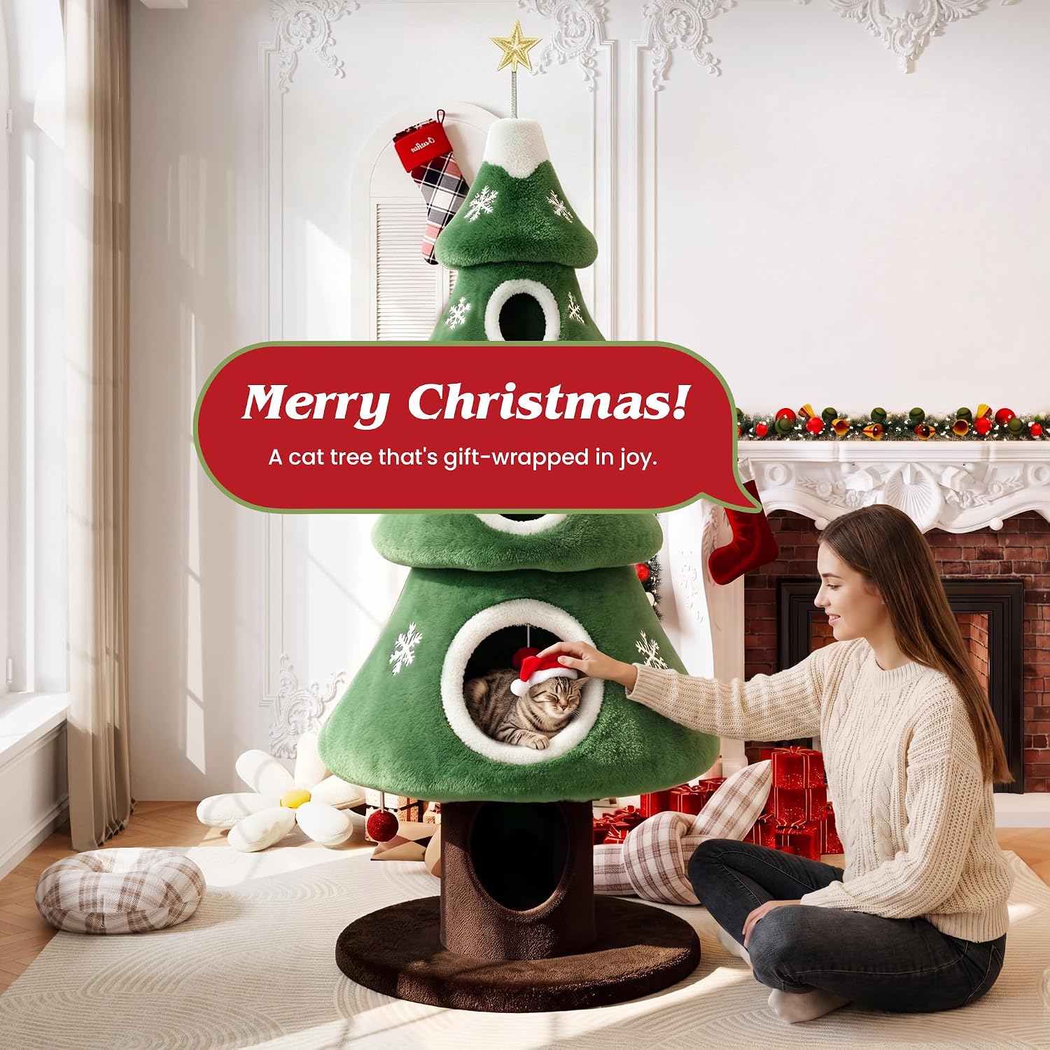 SHA CERLIN 56" Christmas Cat Tree Tower, Multi-Level Condo for Indoor Cats