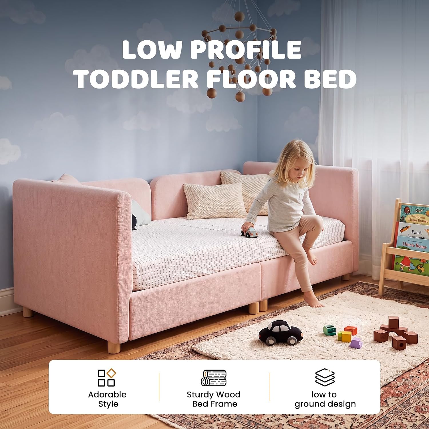 Toddler Bed, Toddler Floor Bed, 2 in1 Montessori Bed with 2 Removable Rails