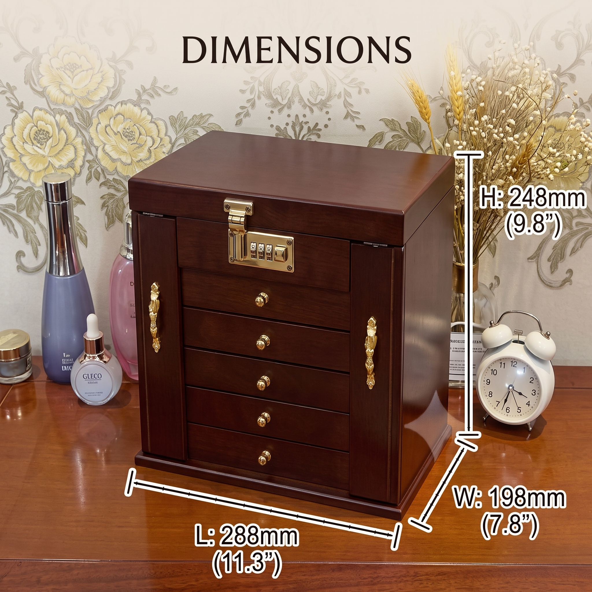 Retro solid wood jewelry storage box with lock