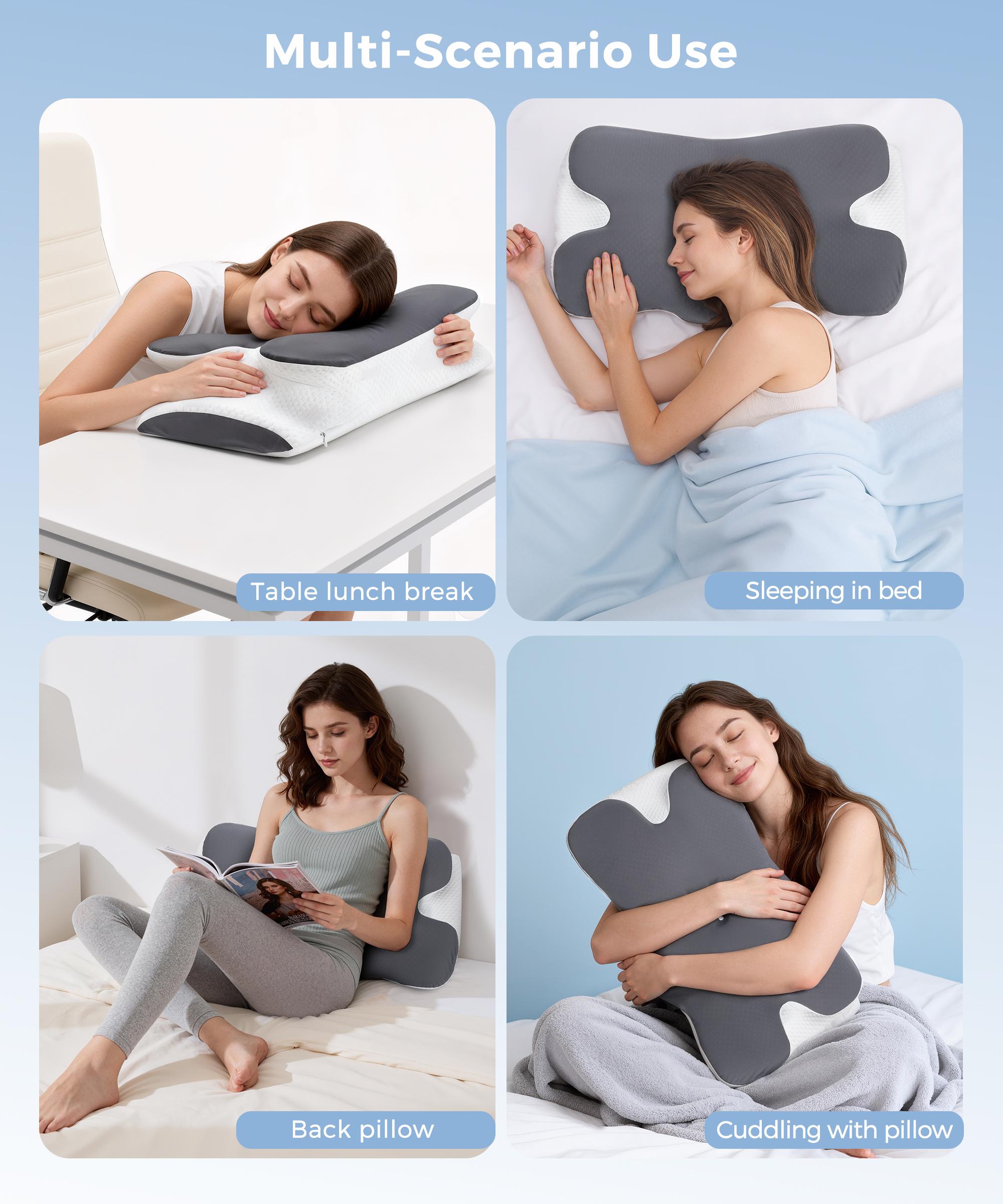 Multi-purpose pillow used in bed, at the office and on the sofa &mdash; supports neck and back while traveling, working or lounging