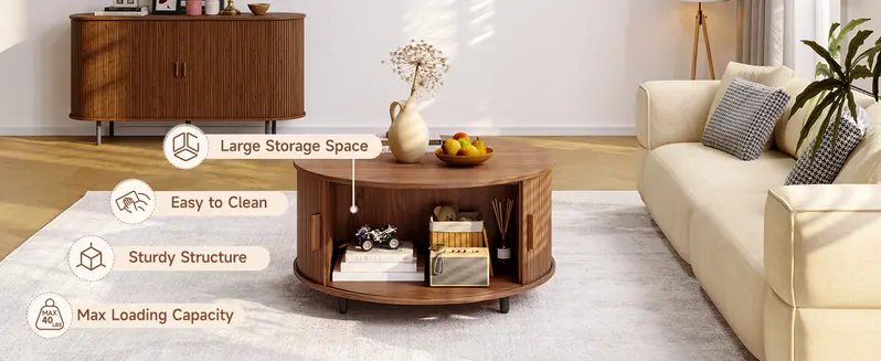 【FallDealsForYou】ONBRILL 31.5" Round Storage Coffee Table - Fluted Wood Modern Space Saving Furniture, Living Room/Bedroom Decor, 360° Curved Sliding Door, Adjustable Footpads, Assembly Required, Mother's Day Gift Option 【FallDealsForYou】ONBRILL 31.5" Round Storage Coffee Table - Fluted Wood Modern Space Saving Furniture, Living Room/Bedroom Decor, 360° Curved Sliding Door, Adjustable Footpads, Assembly Required, Mother's Day Gift Option