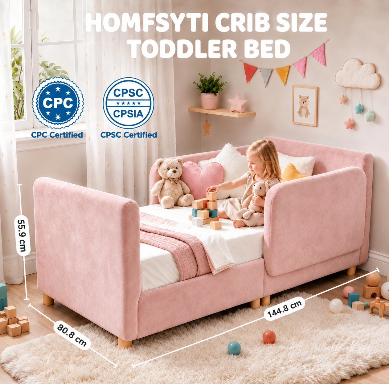 Toddler Bed, Toddler Floor Bed, 2 in1 Montessori Bed with 2 Removable Rails
