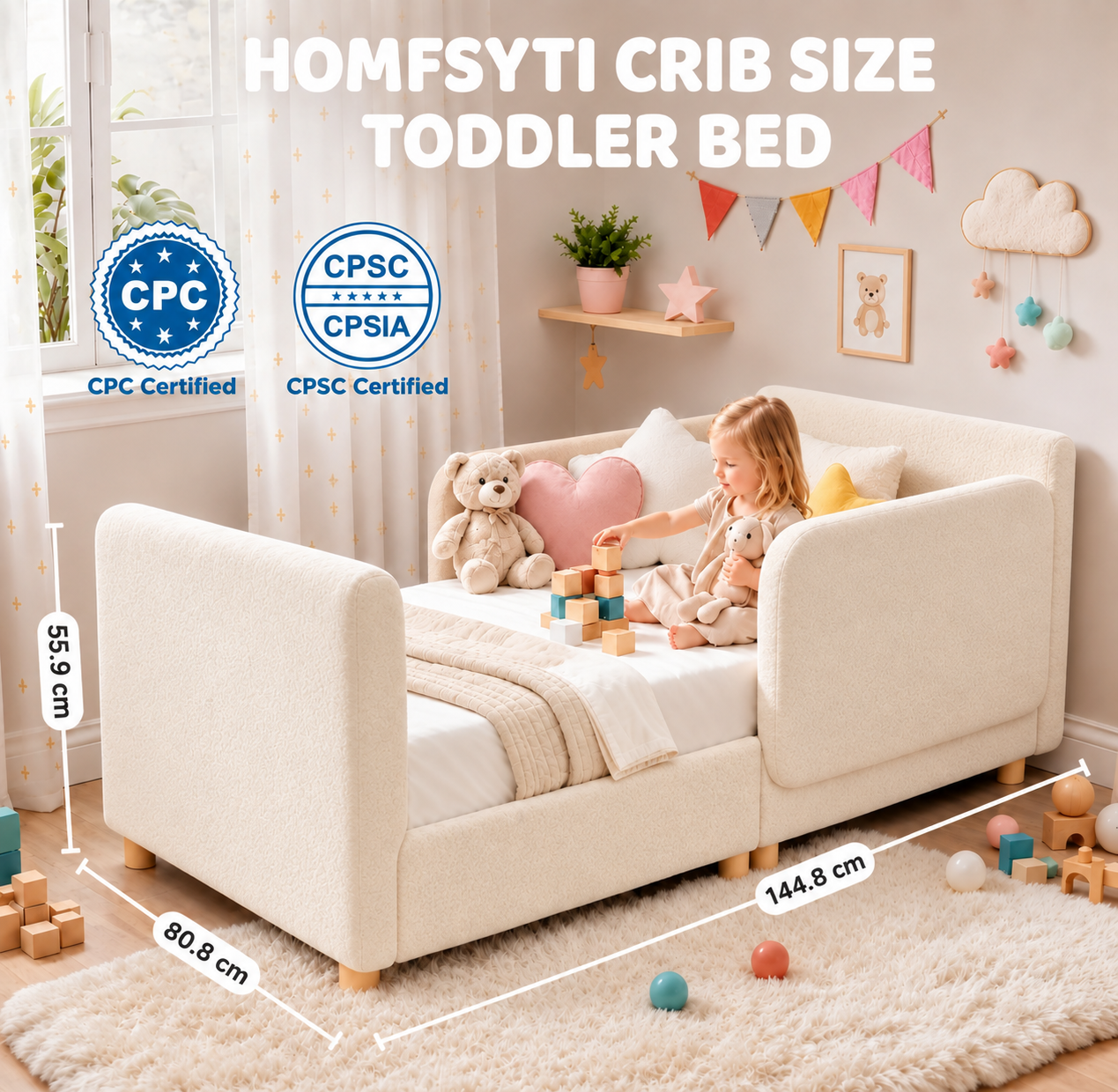 Toddler Bed, Toddler Floor Bed, 2 in1 Montessori Bed with 2 Removable Rails