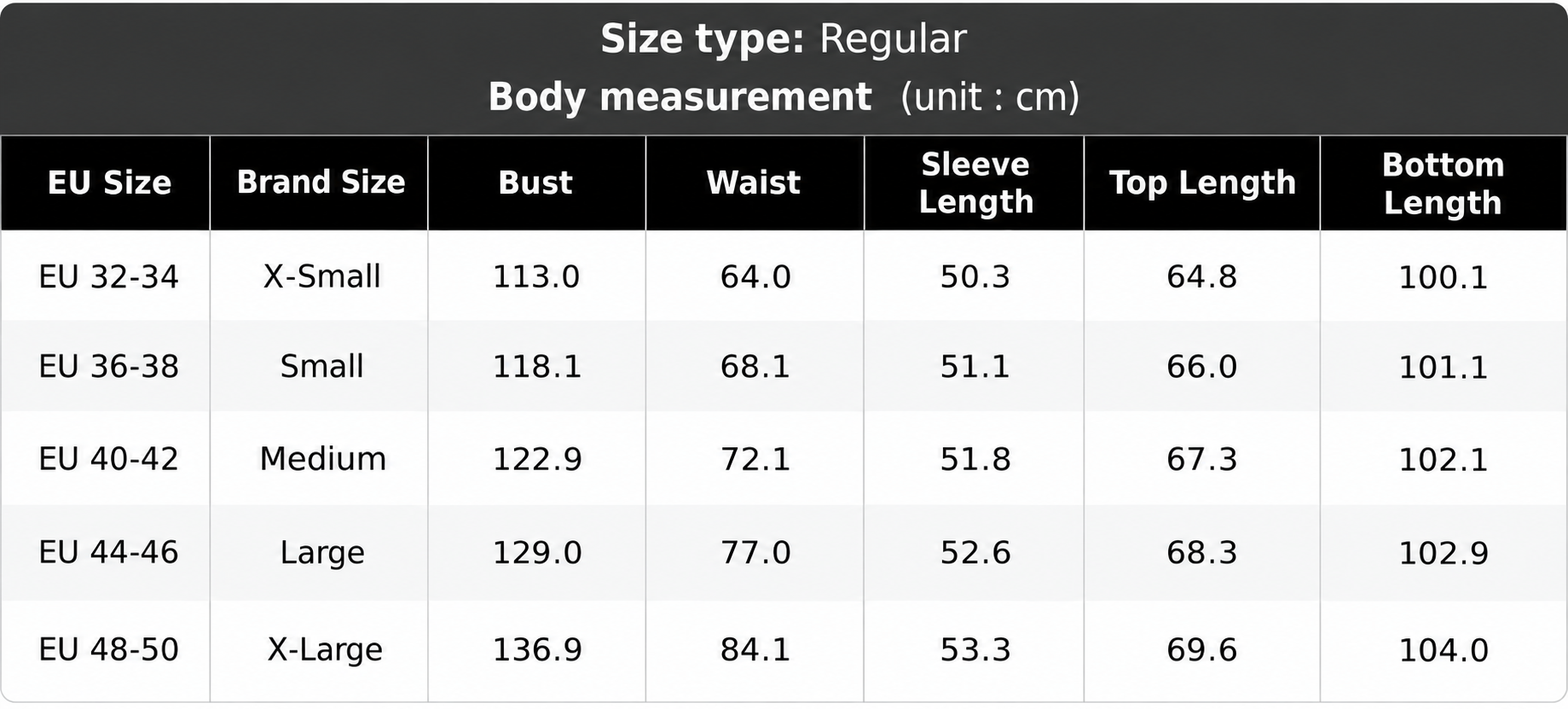 Size chart with measurements