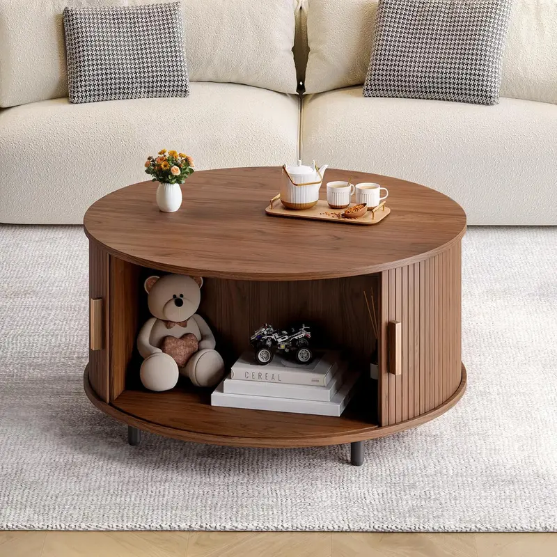 31.5in Round Storage Coffee Table, Walnut Wood Modern