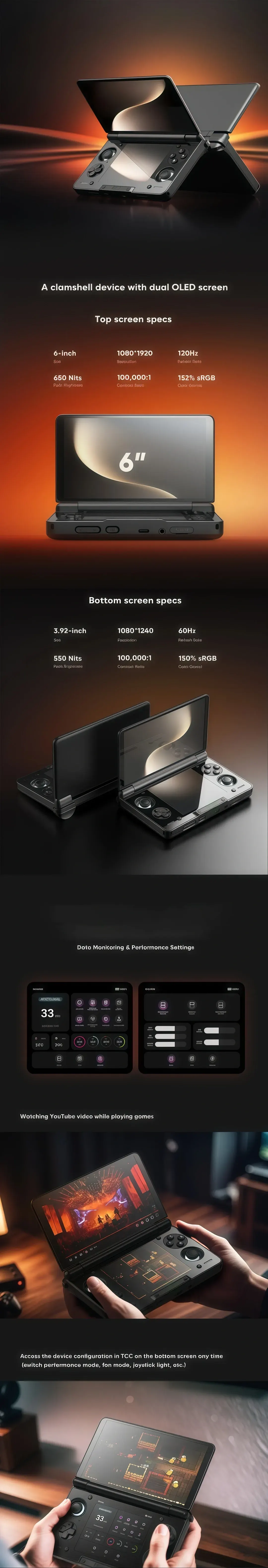 Clamshell handheld with dual OLED screens and Thor Control Center