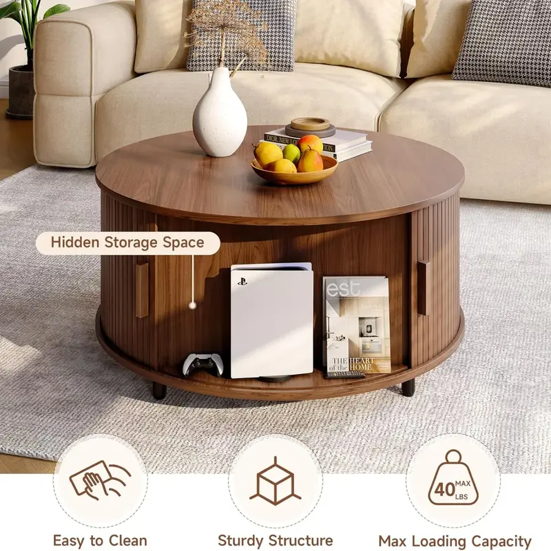 31.5in Round Storage Coffee Table, Walnut Wood Modern