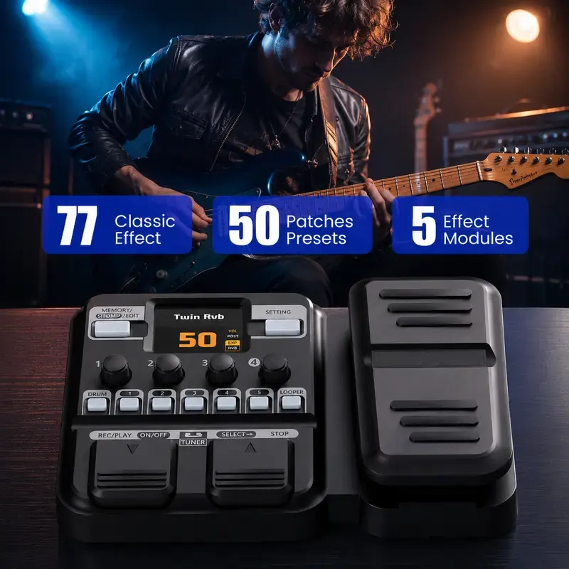 KMF-1 Compact Guitar Multi Effects Pedal with 42 Drum Rhythms, 18 Amplifiers/Cabinets, 77 Effects, 50 Presets, Upgraded Color Screen, Aux In, Tuner, Looper, Expression Wah Volume Distortion, Footswitches, Pedalboard Compatibility, Foot Switches