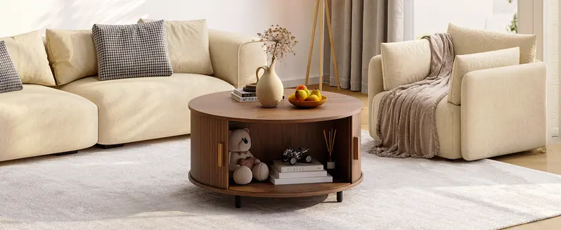 【FallDealsForYou】ONBRILL 31.5" Round Storage Coffee Table - Fluted Wood Modern Space Saving Furniture, Living Room/Bedroom Decor, 360° Curved Sliding Door, Adjustable Footpads, Assembly Required, Mother's Day Gift Option 【FallDealsForYou】ONBRILL 31.5" Round Storage Coffee Table - Fluted Wood Modern Space Saving Furniture, Living Room/Bedroom Decor, 360° Curved Sliding Door, Adjustable Footpads, Assembly Required, Mother's Day Gift Option