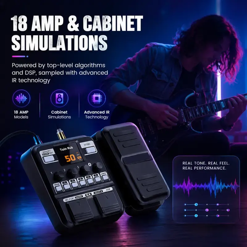 KMF-1 Compact Guitar Multi Effects Pedal with 42 Drum Rhythms, 18 Amplifiers/Cabinets, 77 Effects, 50 Presets, Upgraded Color Screen, Aux In, Tuner, Looper, Expression Wah Volume Distortion, Footswitches, Pedalboard Compatibility, Foot Switches