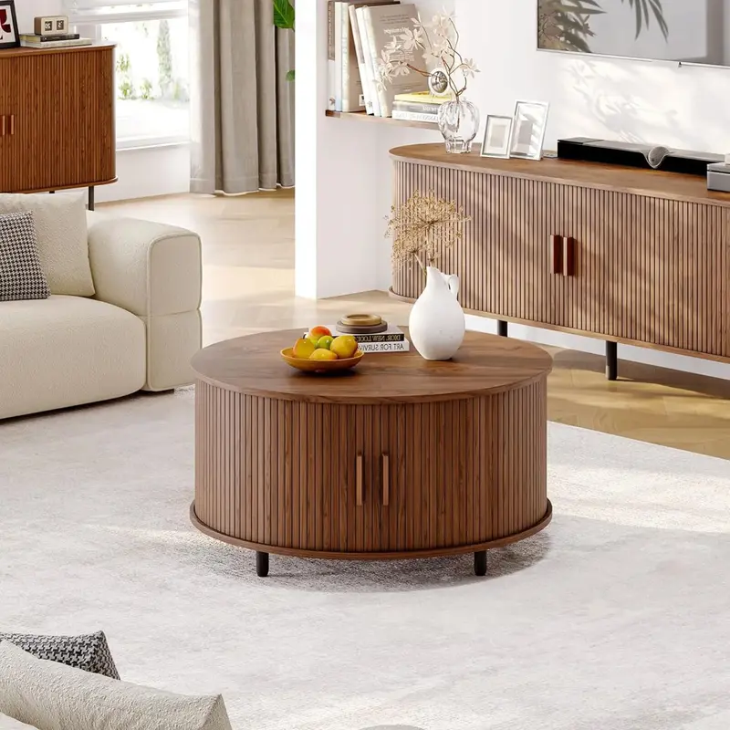 31.5in Round Storage Coffee Table, Walnut Wood Modern