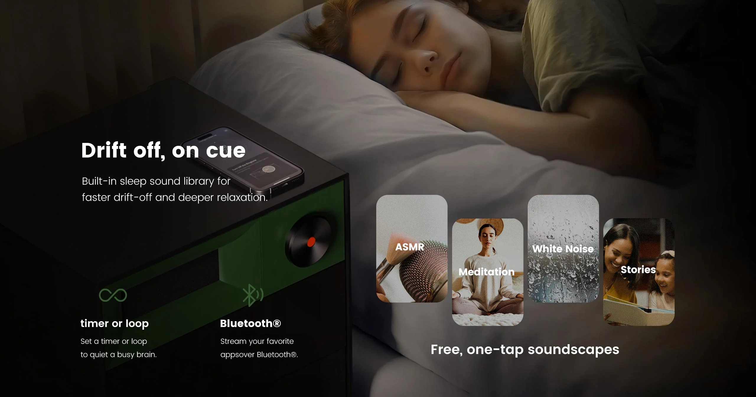 Drift off, on cue - built-in sleep sound library