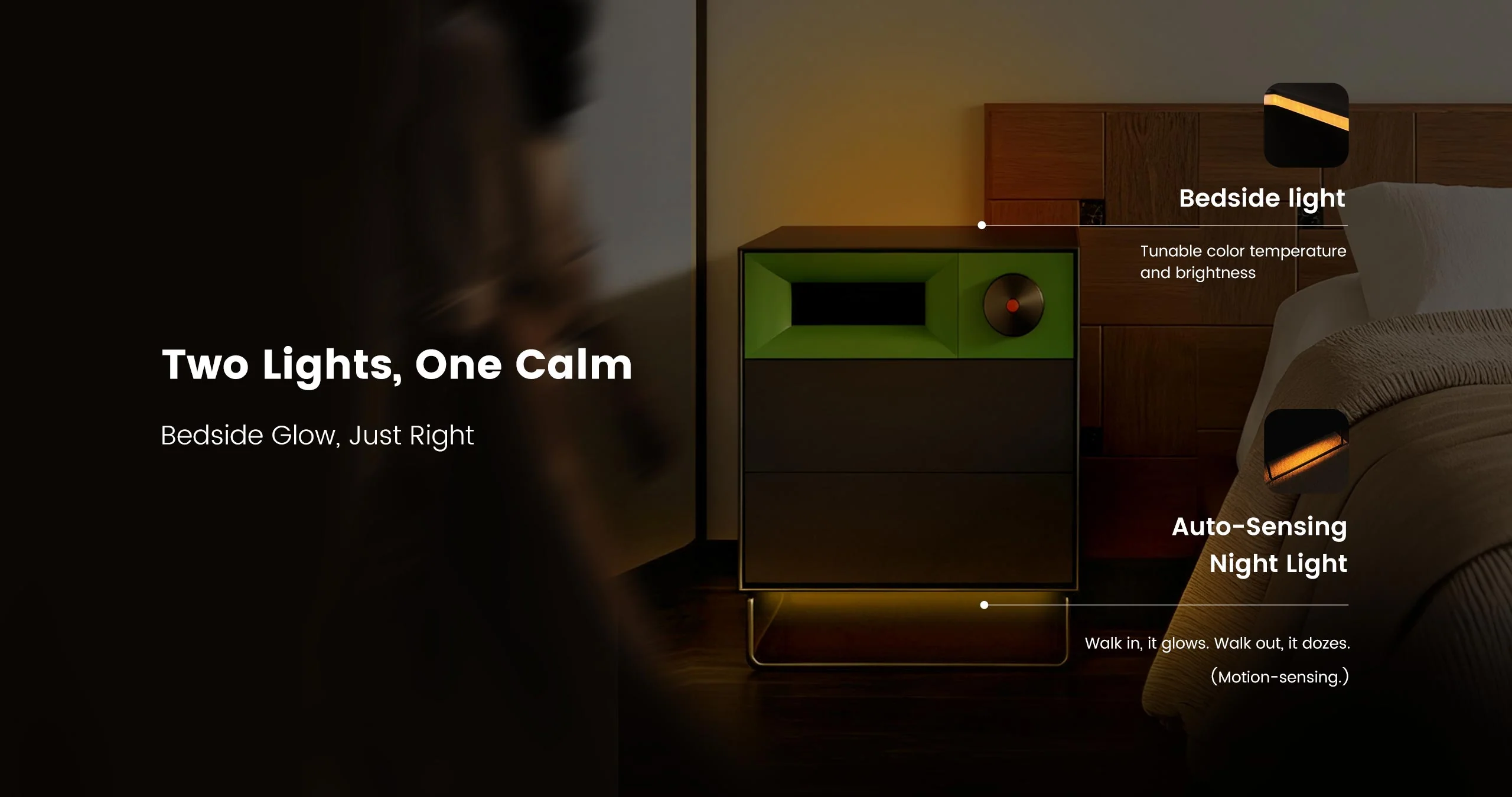 Two Lights, One Calm - bedside light and auto-sensing night light