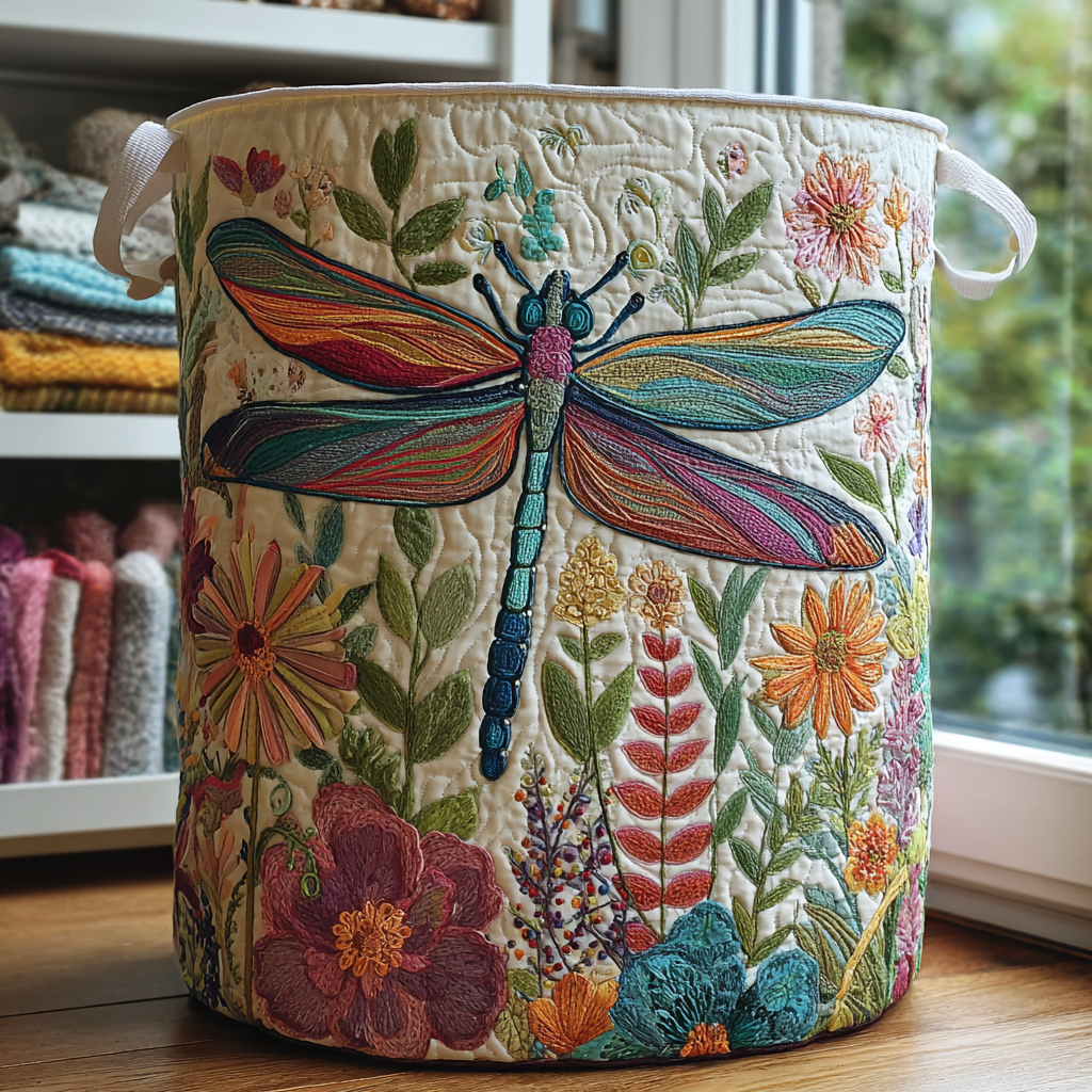 Dragonfly Garden quilted laundry basket in a bright home setting