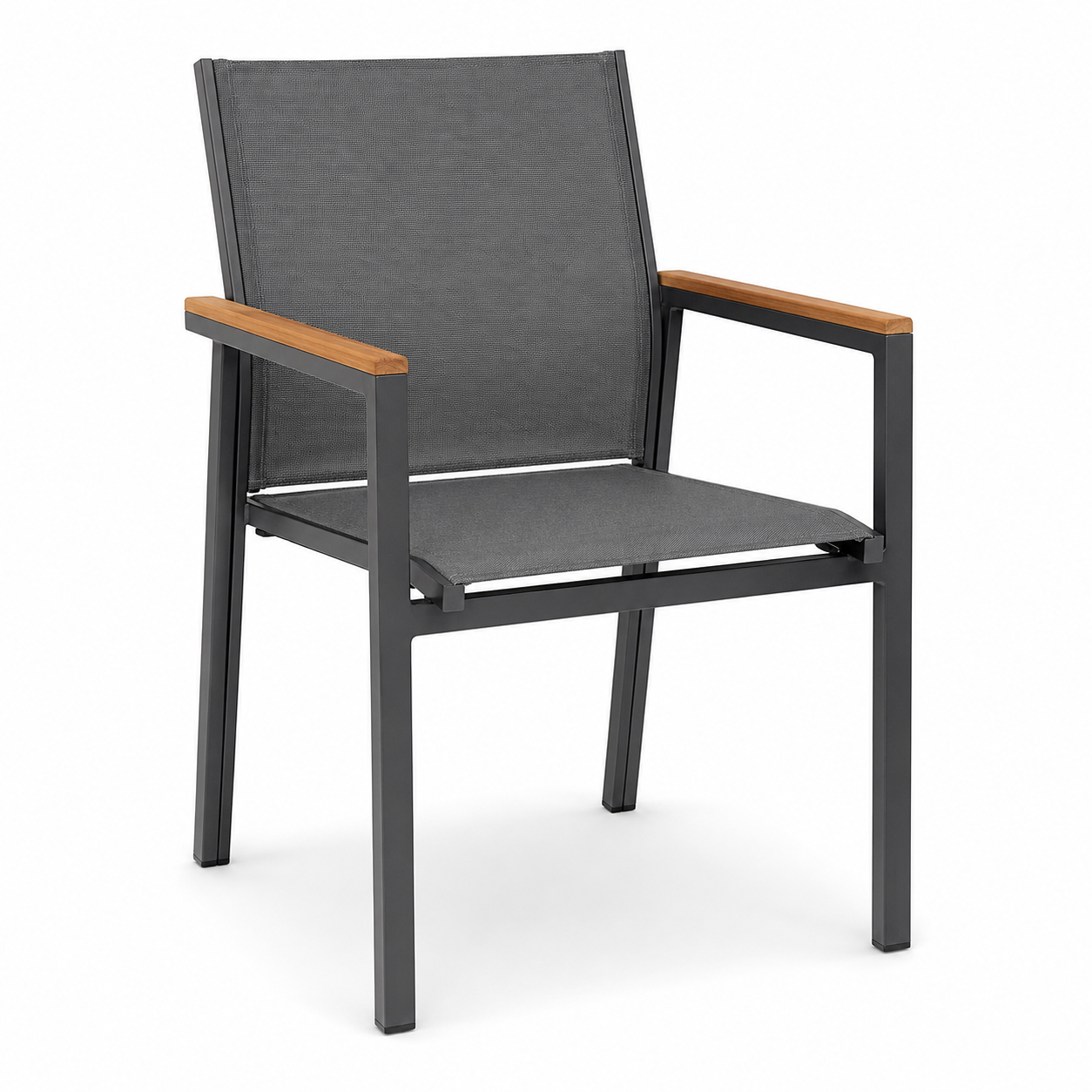 Stapelsessel Graphit mit Teak Armauflagen für Outdoor Essplatz