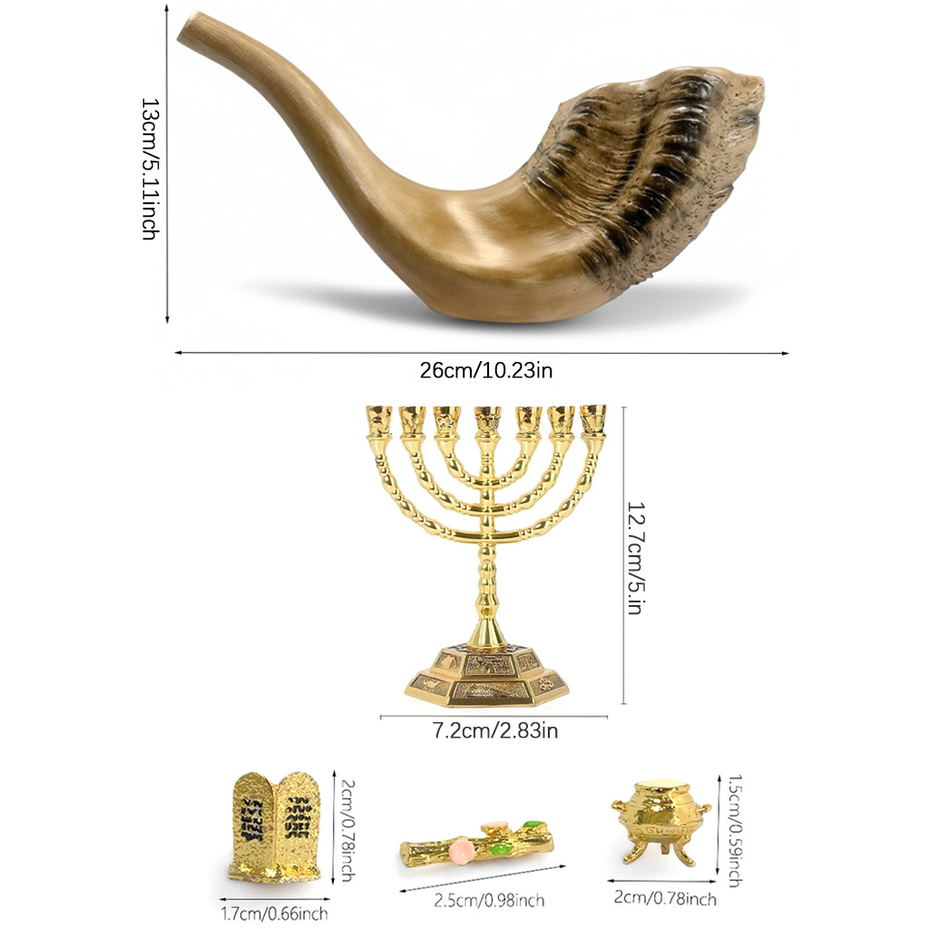 Judaica Religious Decor Set Natural Ram Horn Shofar 7 Branch Golden Menorah Mini Torah Tablets Olive Branch Incense Pot Jewish Table Ornament Gift for Rosh Hashanah Hanukkah