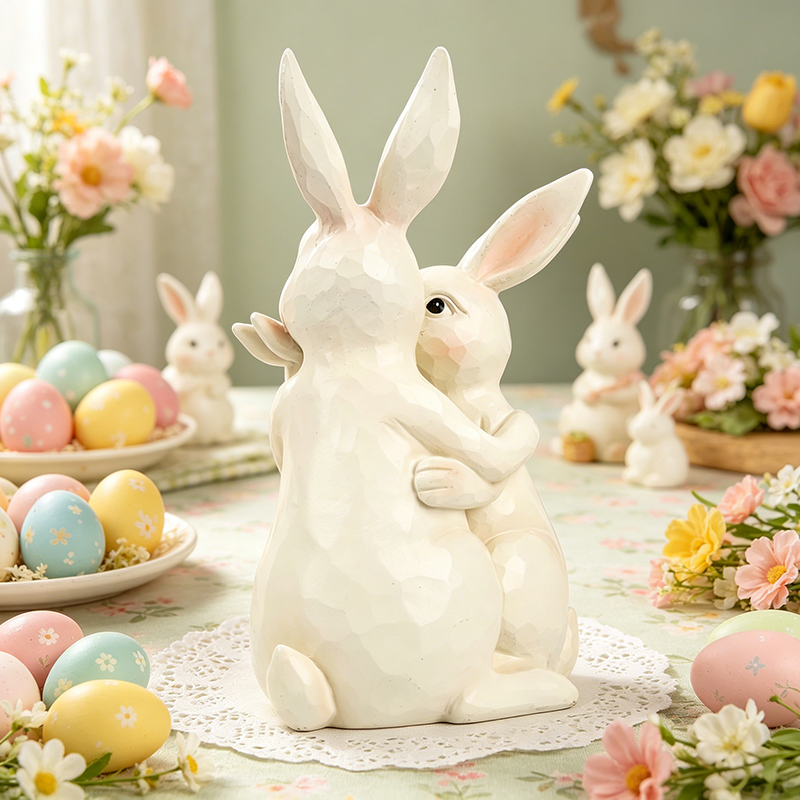 Resin Rabbit Family Statue - Rustic Sweet Bunny 3-Person Hugging Statue, Easter Gift for Parents and Babies, and Home Decor Shelf Decoration