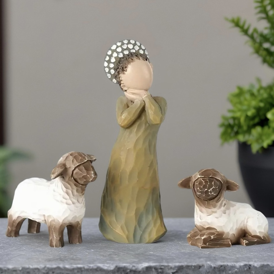Rustic Resin Angel Figurine with Lambs - Minimalist Handcrafted Style Guardian Angel Statue, Spiritual Comfort Gift for Home Office Shelf Decor