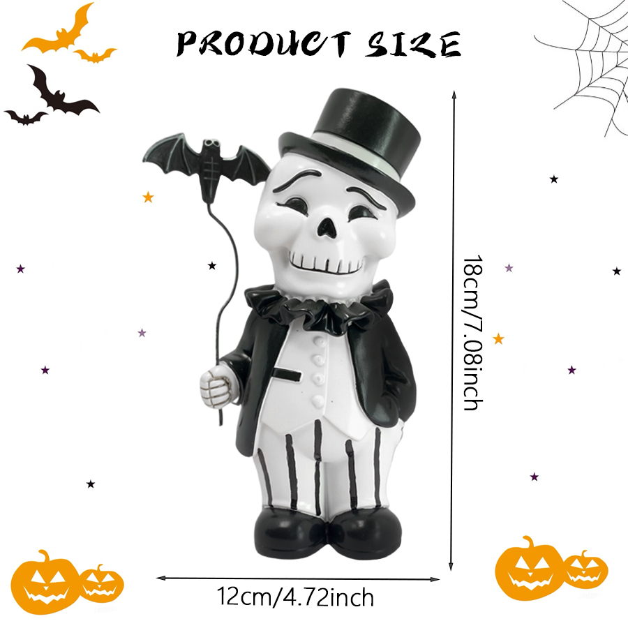 Halloween Gentleman Skeleton Figurine Resin Statue with Bat Balloon Retro Gothic Skull Man Ornament Spooky Tabletop Shelf Decor Halloween Party Indoor Home Decoration Holiday Gift